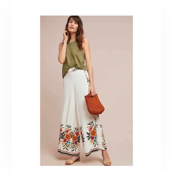 Farm Rio Anthropologie Melila White Floral Print Flared Wide Leg Pants Size M - Picture 1 of 6